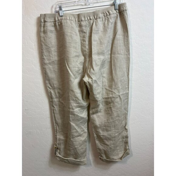 Ellen Tracy Sz L Beige 100% Linen Pants Roll Cuff Gold Buckle - Picture 5 of 9